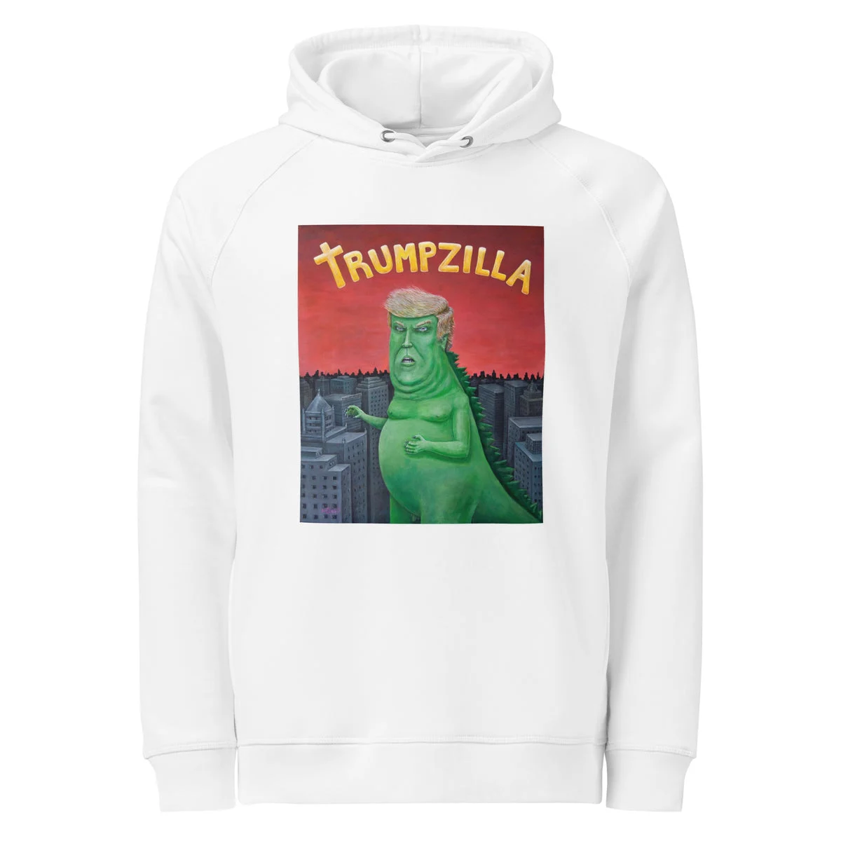 Unisex organic side-pocket hoodie with Trumpzilla artwork, front view